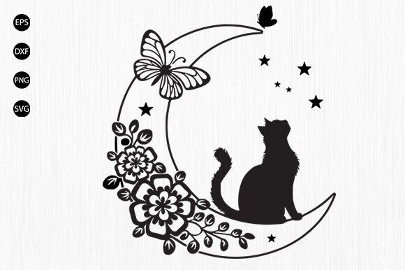 Cat in the Moon Svg, Cat with Flower Svg Review